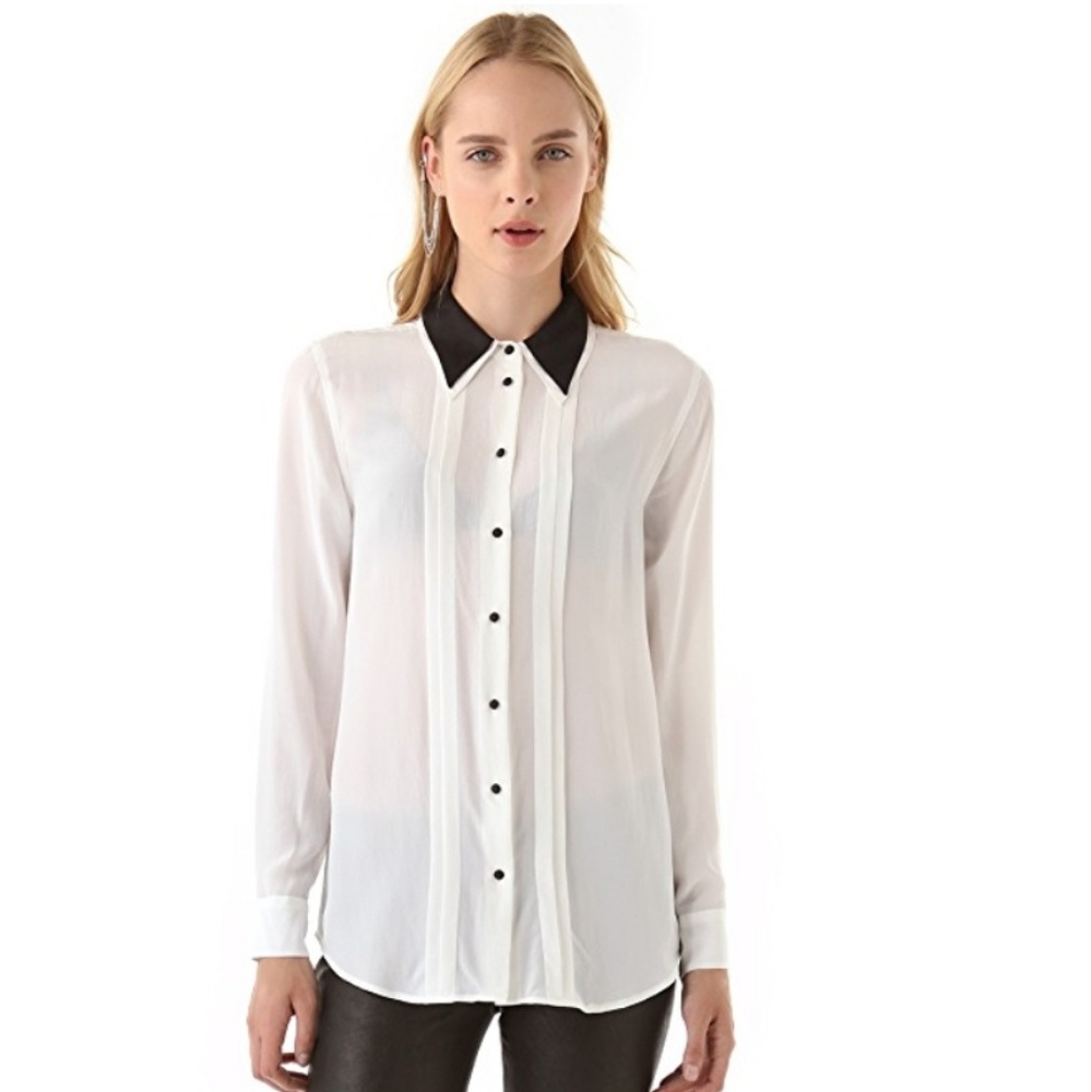 Equipment Cora White Tuxedo Pleated Silk Blouse Sz